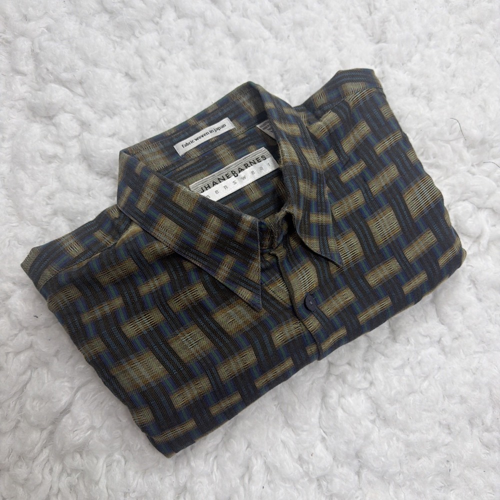 Jhane Barnes‎ Men L Shirt Collared Button Woven Japan Abstract Vintage 3D Trippy